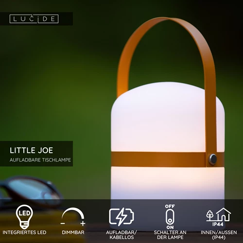 Lucide LITTLE JOE - wiederaufladbare Tischlampe Innen/Außen - Akku/Batterie - Ø 10 cm - LED Dim. - 1x0,3W 3000K - IP44 - Braun - USP